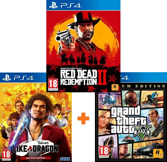 ИгроПак для PS4: Red Dead Redemption 2 + Grand Theft Auto V Premium Online Edition + Yakuza Like a Dragon Day Ichi Steelbook Edition