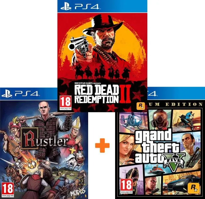 ИгроПак для PS4: Grand Theft Auto V Premium Online Edition + Red Dead Redemption 2 + Rustler