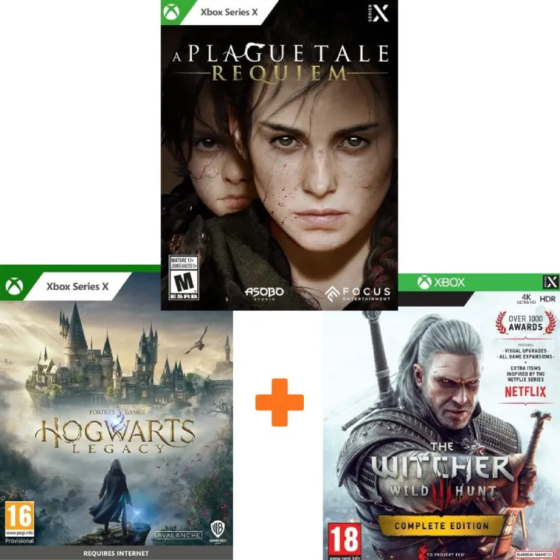 ИгроПак для XBOX Series: Ведьмак 3: Дикая охота. Полное издание + Hogwarts Legacy + A Plague Tale: Requiem