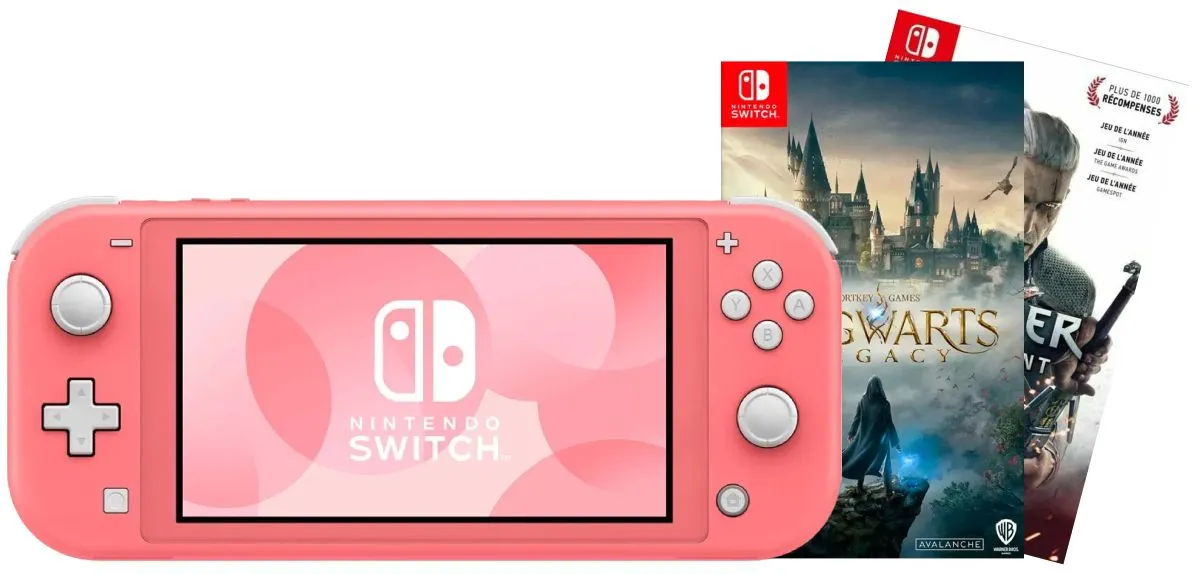 Игровая приставка Nintendo Switch Lite Coral (кораллово-розовый) + Игра Hogwarts Legacy + Игра Ведьмак 3: Дикая охота
