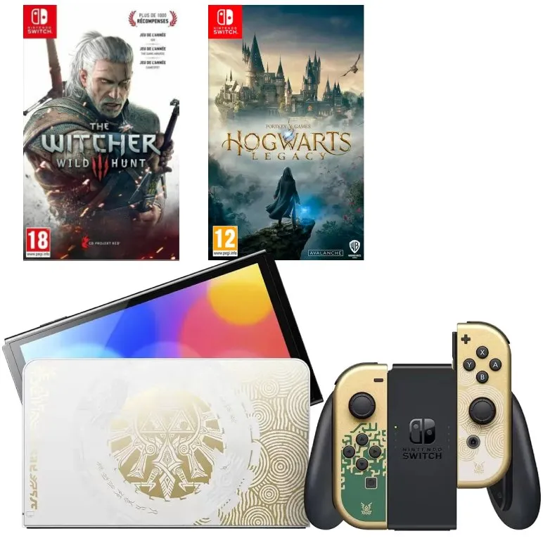 Игровая приставка Nintendo Switch OLED 64 GB Zelda: Tears of the Kingdom Edition (JP) + Игра Hogwarts Legacy + Игра Ведьмак 3: Дикая охота