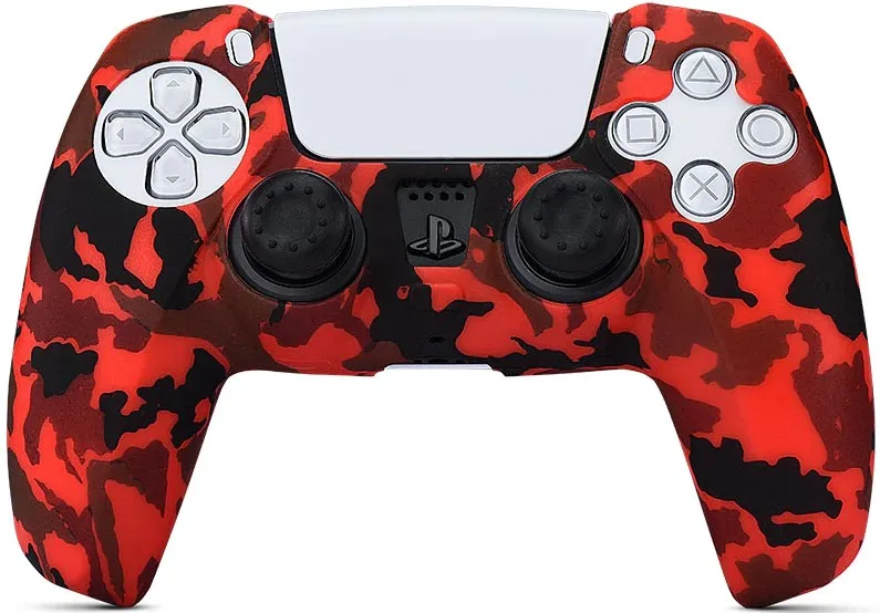 Силиконовый чехол для геймпада Sony DualSense (красный камуфляж) + 2 накладки на стики