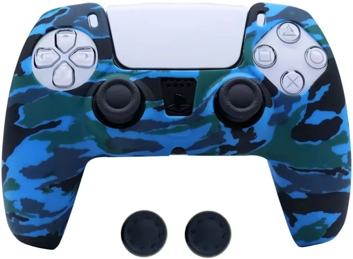 Силиконовый чехол для геймпада Sony DualSense (синий камуфляж) + 2 накладки на стики
