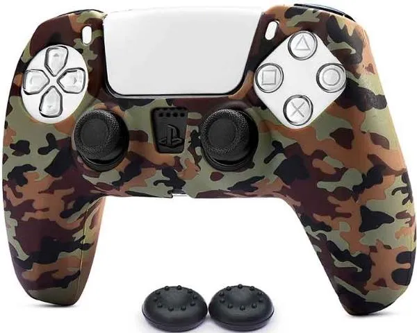 Силиконовый чехол для геймпада Sony DualSense (зеленый камуфляж) + 2 накладки на стики
