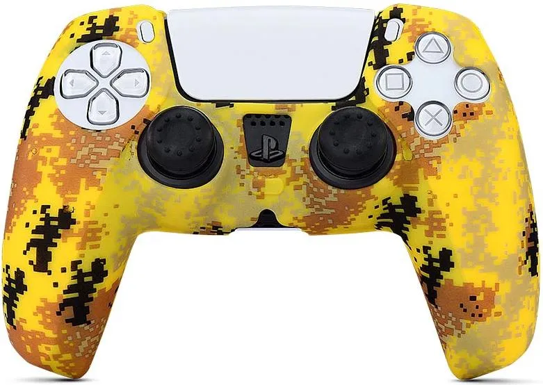 Силиконовый чехол для геймпада Sony DualSense (желтый камуфляж) + 2 накладки на стики